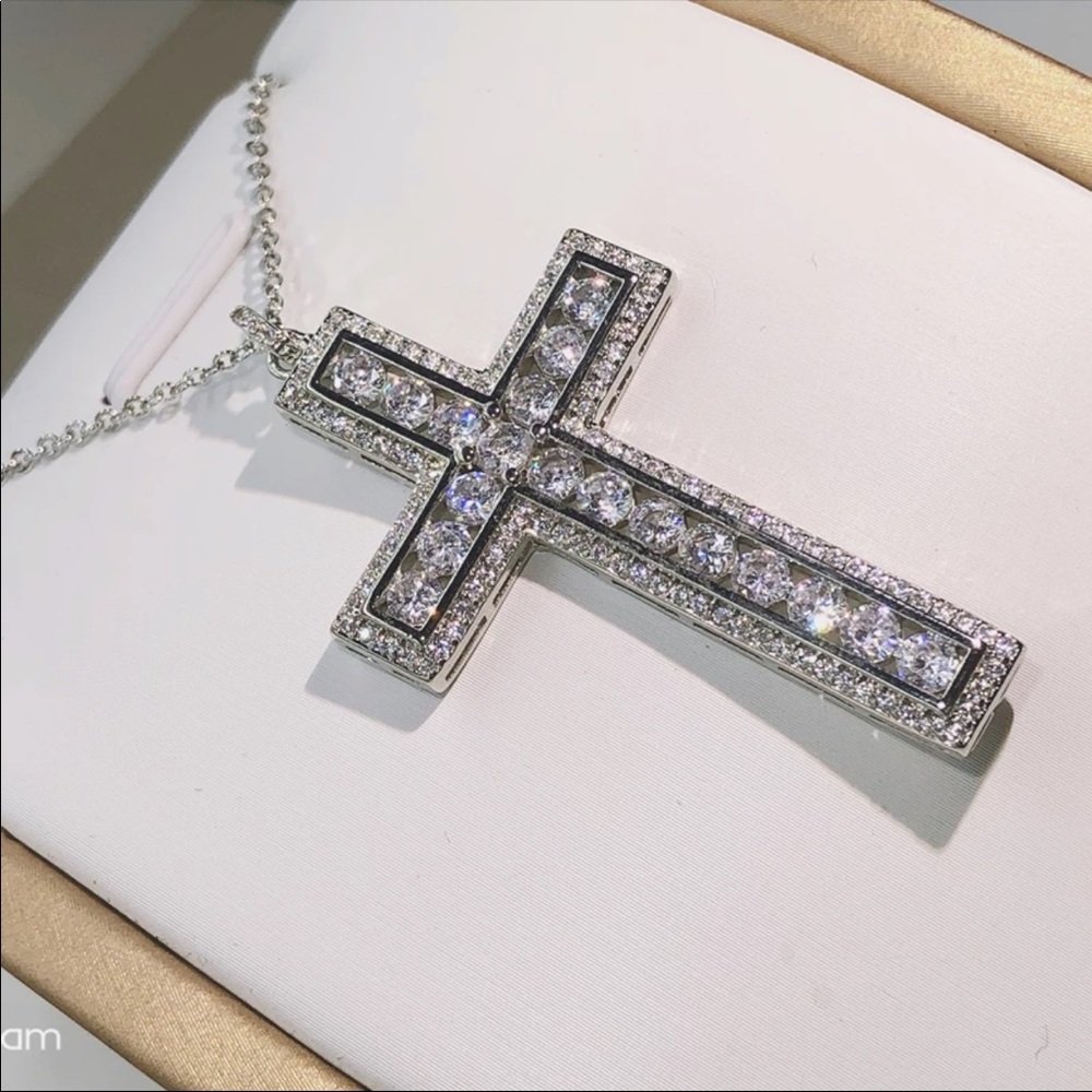 New 925 Silver Men Women Luxury Cross Diamond Necklace - Picture 8 of 16